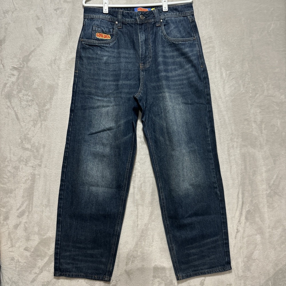 Empyre Y2K Embroidered Bad Dog Men's 30 Blue Relaxed Straight Jeans Pockets Logo